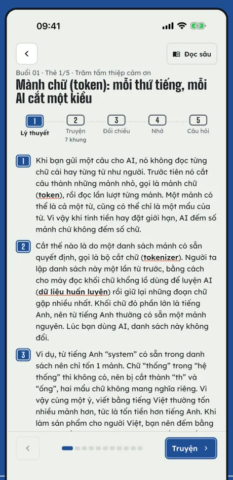 Thẻ lý thuyết trong app: tiêu đề, các bước Lý thuyết, Truyện, Đối chiếu, Nhớ, Câu hỏi và đoạn giải thích có đánh số