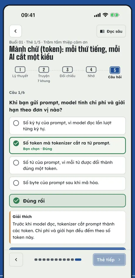 Màn câu hỏi: bốn đáp án, đáp án đã chọn được đánh dấu, bên dưới là phần giải thích